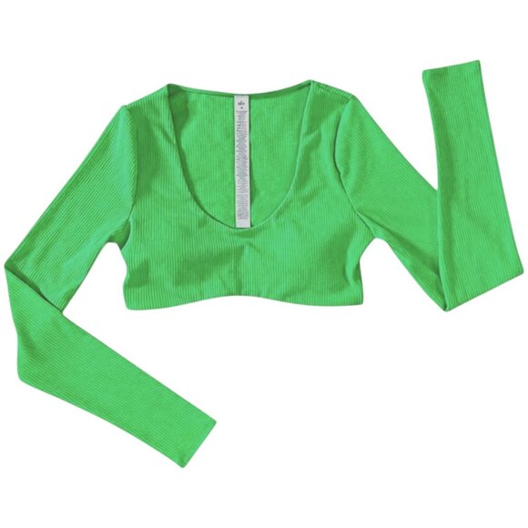 Alo Yoga Ribbed Defined Long Sleeve Bra Green Glow Rare Color M - Picture 2 of 9